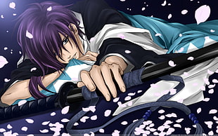purple haired male Anime character holding katana