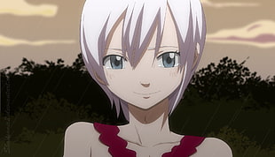 female with white hair and red dress anime character