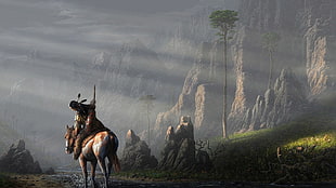 person riding on horse painting, Native American clothing, nature, artwork, Native Americans