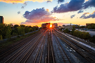 brown and white wooden table, cityscape, sunset, Toronto, railway