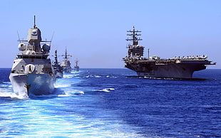 gray war ships, aircraft carrier, United States Navy, sea, military