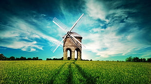 brown windmill on green grass field