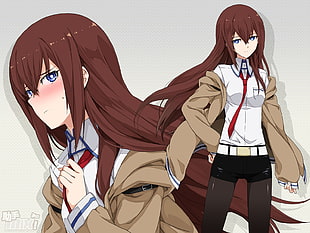 brown hair girl wearing brown uniform anime character digital wallpaper