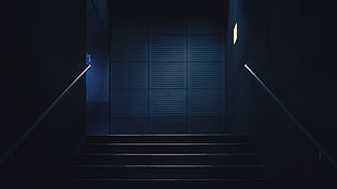 gray concrete building interior, stairway, blue, dark, lights HD wallpaper