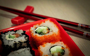sushi food on red ceramic saucer