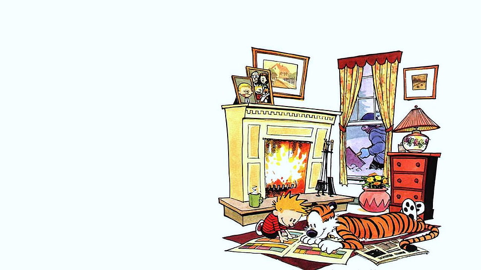 boy and tiger looking through newspapers on floor illustration, comics, Calvin and Hobbes, white background HD wallpaper
