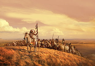 native Americans riding horses painting, artwork, painting, Native Americans, horse HD wallpaper