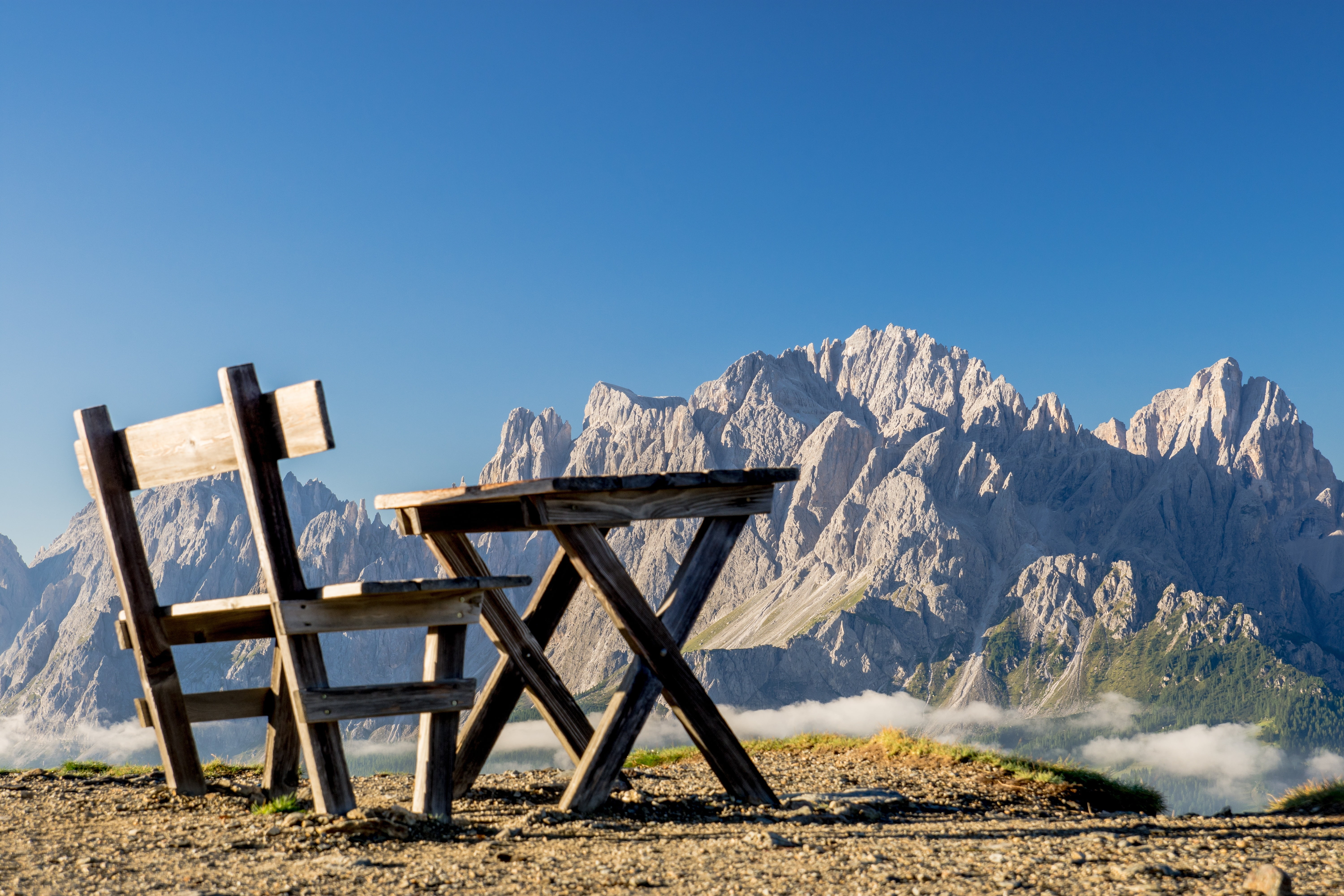 Brown Wooden Table And Bench Bear Mountains During Daytime Hd