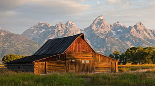 brown wooden barn, farm, mountains, nature, landscape