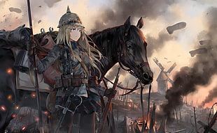 female holding rifle beside horse anime character
