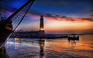 gray lighthouse, ship, sunset, reflection, lighthouse