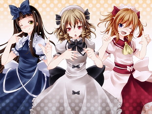 three female anime character with maid dresses