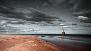 brown and white lighthouse, coast, dark, sky, sea HD wallpaper
