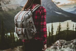 women's gray backpack, Girl, Backpack, Tourist