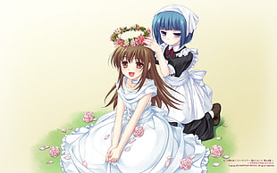 two anime girls in dresses sitting on green grass