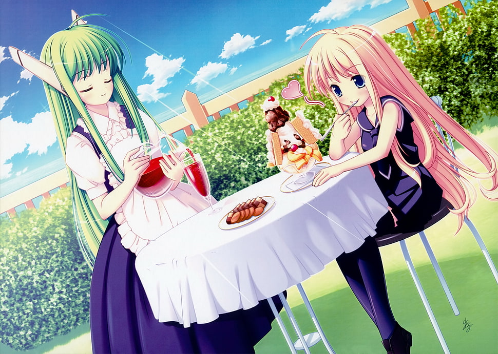 green and pink haired girls beside table illustration HD wallpaper