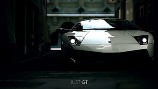 white Gallardo Murcielago, Lamborghini, head lights, reflection, parking lot