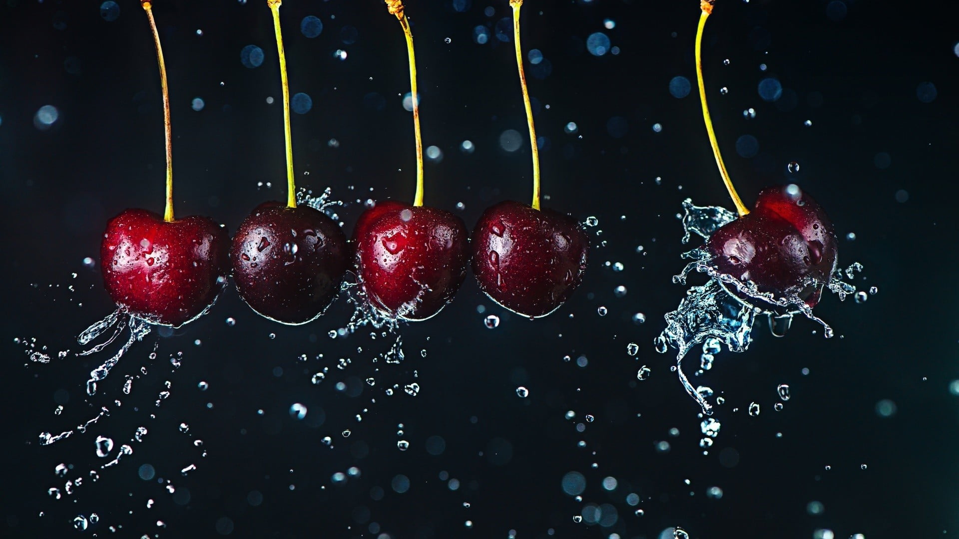 focus photography of five cherries, liquid, water, cherries, fruit
