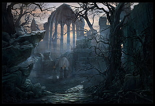 three man in white robe painting, horror, dark fantasy, ruin, fantasy art HD wallpaper