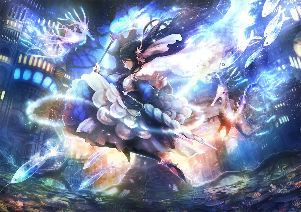 black haired anime fan art, manga, magic HD wallpaper