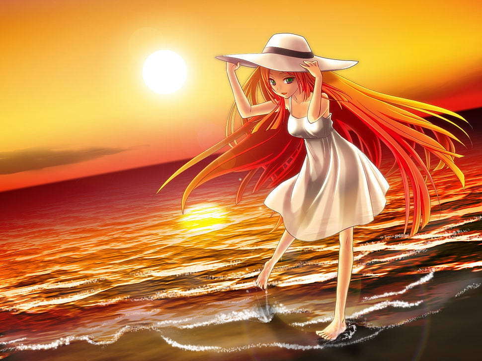 female orange haired anime character wearing white dress and sun hat HD wallpaper