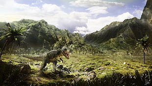 dinosaur on grass field digital wallpaper, artwork, dinosaurs