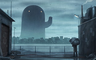 man under umbrella looking at monster illustration