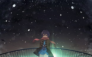 anime character in black hair, red scarf, and brown coat near balustrade during snow