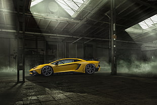 yellow luxury car inside black garage HD wallpaper