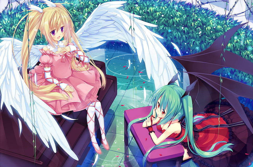 two female demon and angel anime characters HD wallpaper