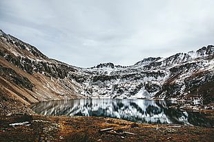 body of water surrounded by mountain, nature, snow, water, wilderness