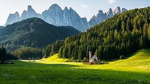 white house and green trees, mountains, chapel