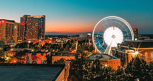 skyline photograph of city and ferris wheel