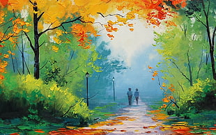 two people walking on street path painting