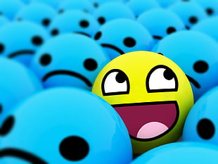 yellow emoji artwork, happy face, blue, yellow, awesome face