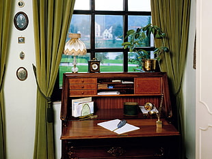 brown wooden desk with window HD wallpaper