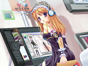 brown-haired anime character viewing a monitor illustration