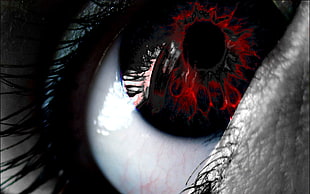 red and black contact lens, photo manipulation, red, eyes HD wallpaper