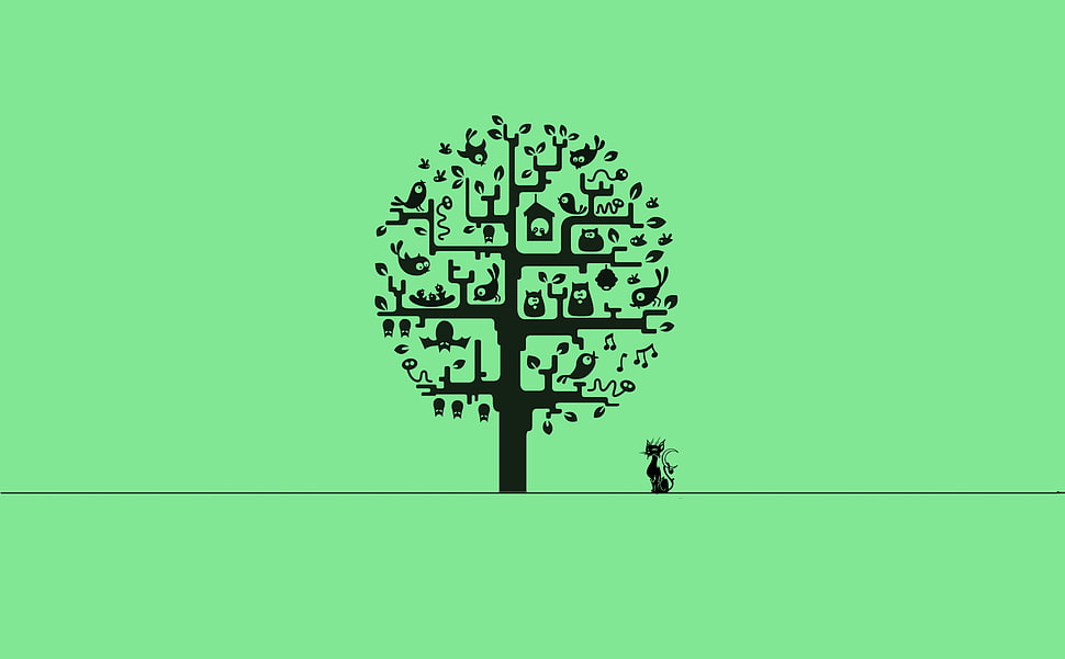 green and black tree illustration HD wallpaper