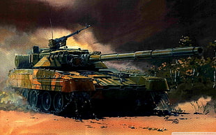 green camouflage artillery tank, tank, T-80, vehicle, artwork