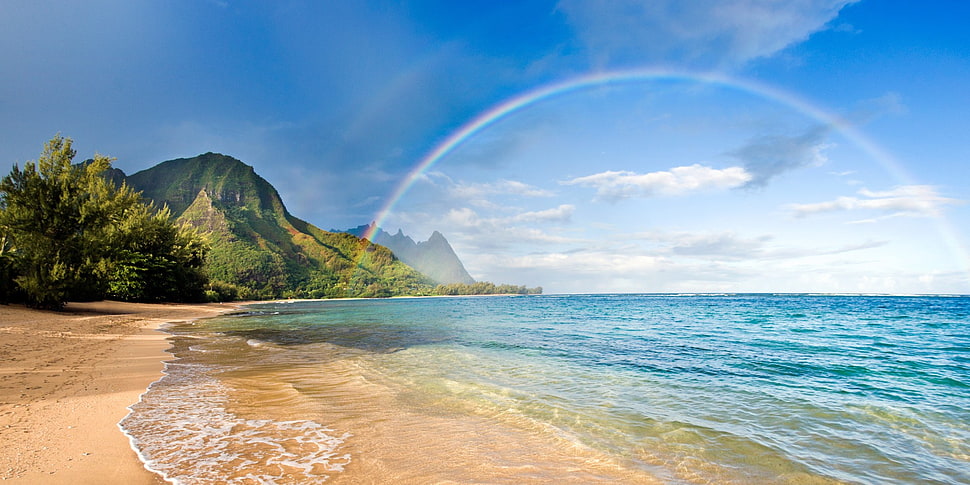 beach, beach, rainbows, sea, mountains HD wallpaper