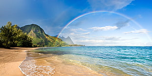 beach, beach, rainbows, sea, mountains
