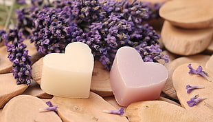 purple flowers and two heart candles