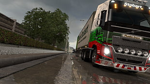 white and black truck, Euro Truck Simulator 2, rain, reflection, Truck HD wallpaper