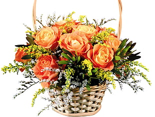 brown wicker basket with orange Rose flowers