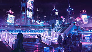 men's black tactical vest, cyberpunk, neon, rain, OutRun HD wallpaper