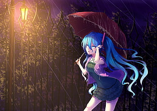 blue-haired female anime character illustration, Vocaloid, Hatsune Miku, twintails, rain