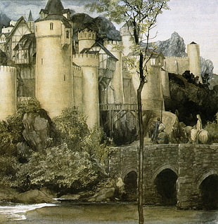 white concrete castle painting, painting, castle, Alan Lee, The Mabinogion