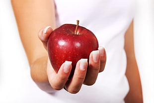 closeup photo of person holding red apple