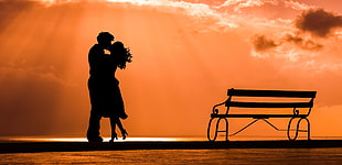 silhouette painting of couple kissing near bench HD wallpaper